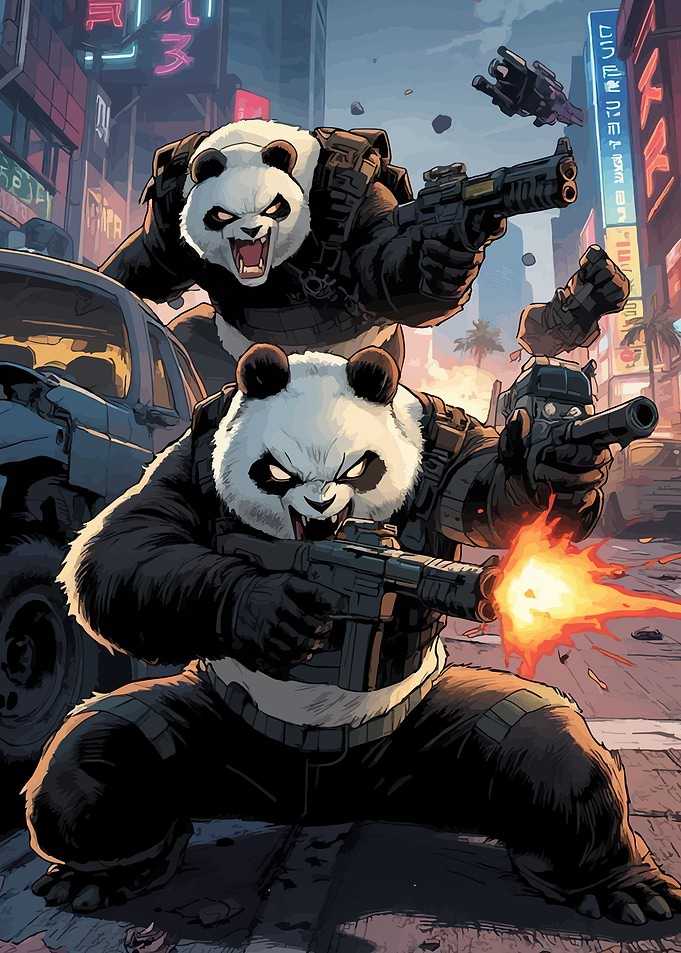 Pandas in Tactical Gear Firing Guns