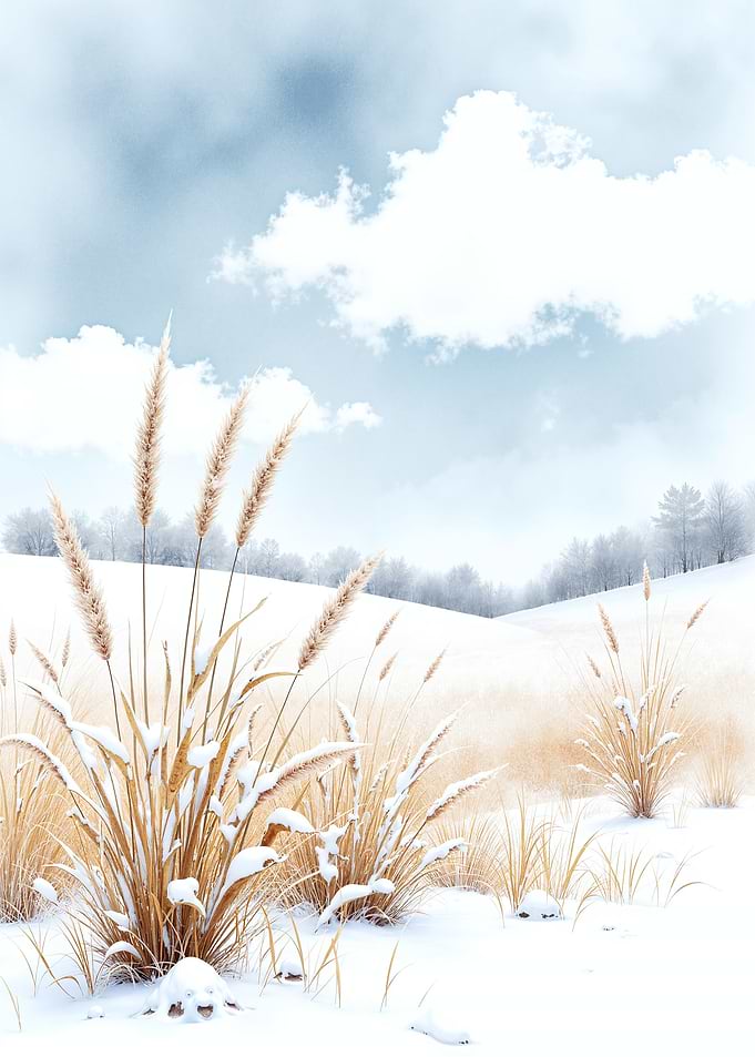 Winter Landscape with Snow-Covered Grass