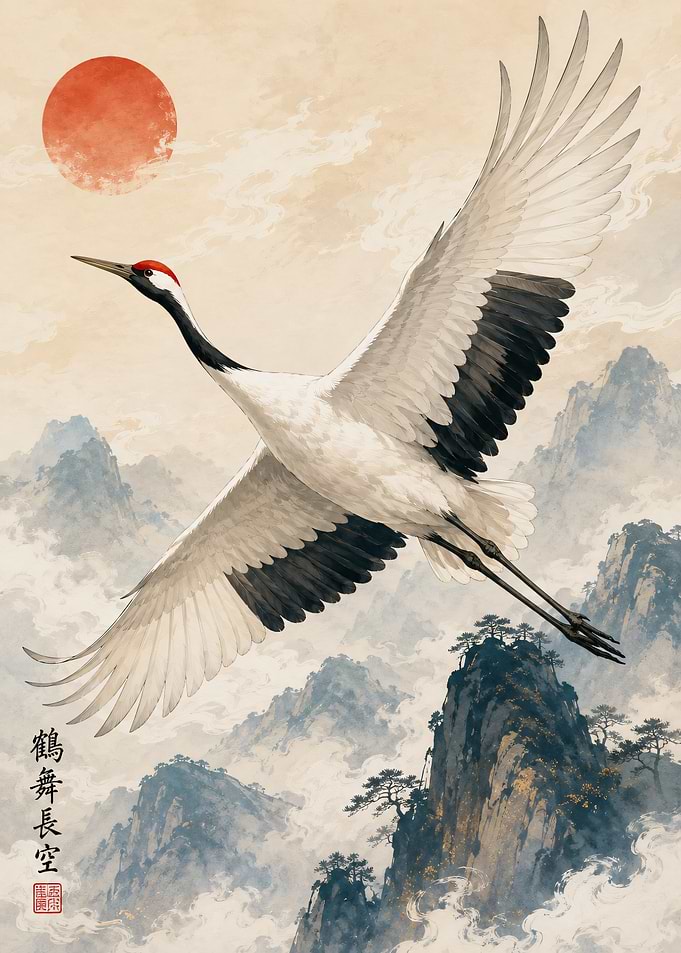 Crane flying over mountains