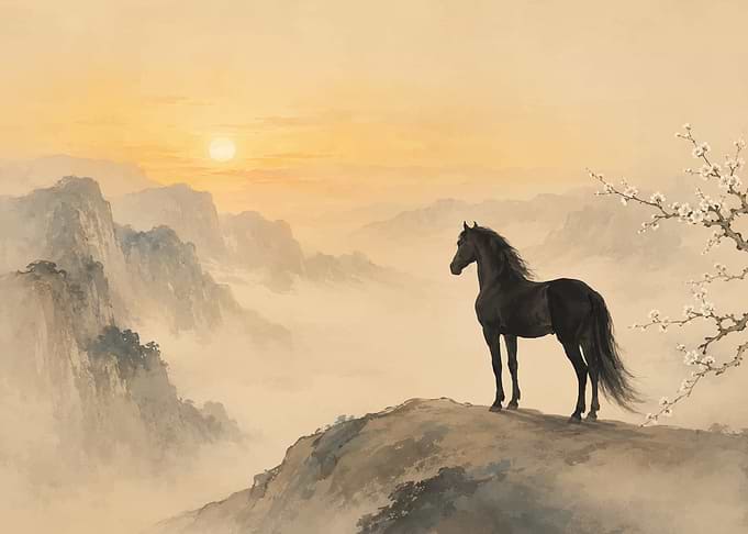 Black horse on mountain peak at sunrise