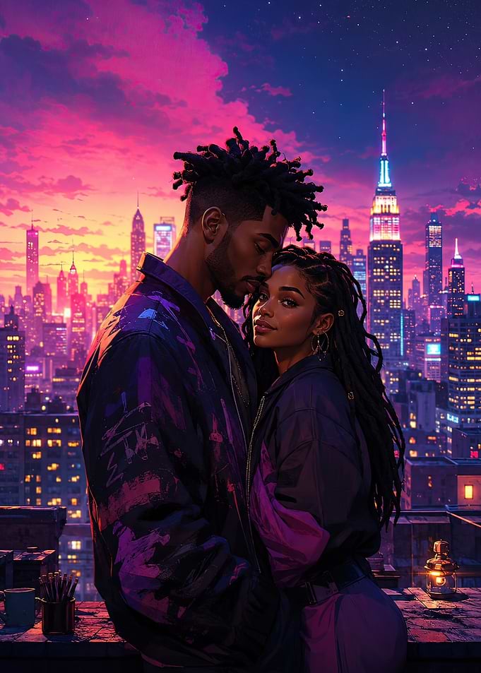 Couple Embracing on Rooftop Overlooking City