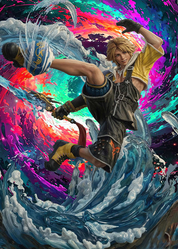 Tidus in Action with Water and Cosmic Background