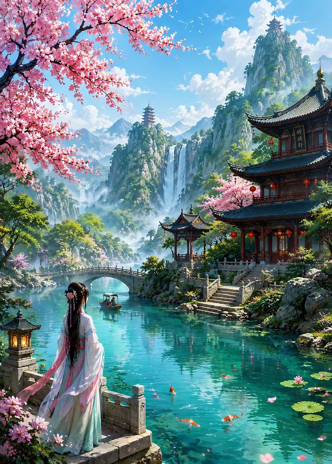 Serene Japanese Garden with Waterfall and Pagoda