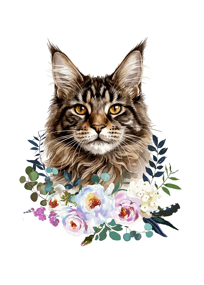 Maine Coon Cat with Flowers