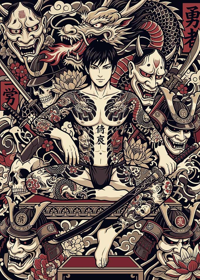 Tattooed Man with Dragon and Samurai Elements