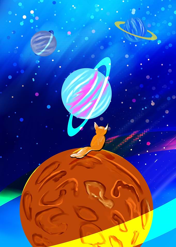 Fox on Planet Gazing at Space