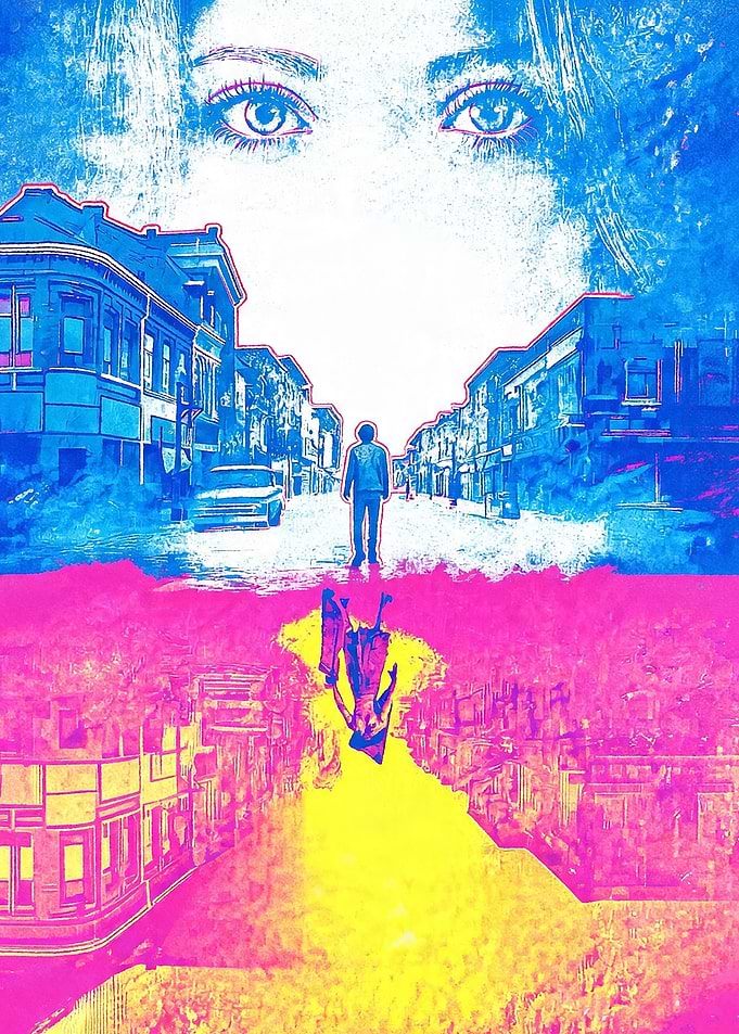 Surreal Cityscape with Eyes and Falling Figure