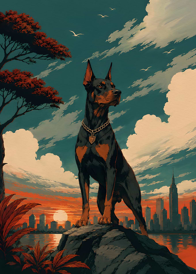 Doberman on Cliff Overlooking Cityscape