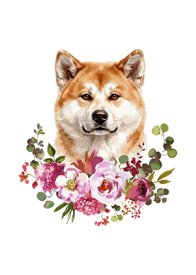 Akita Dog with Floral Wreath