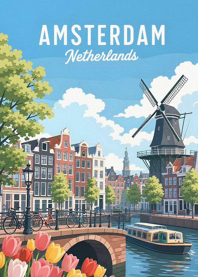 Amsterdam Canal Scene with Tulips