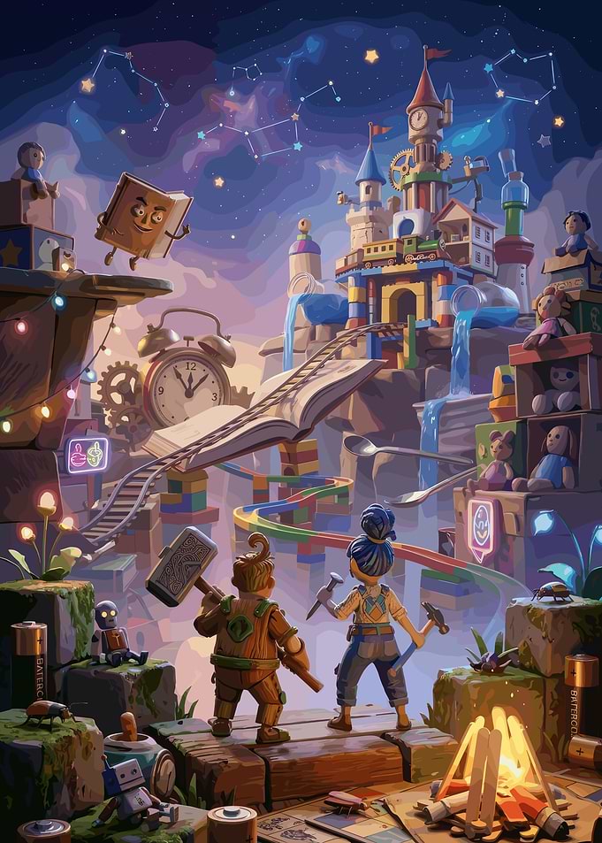 Two characters in a toy world