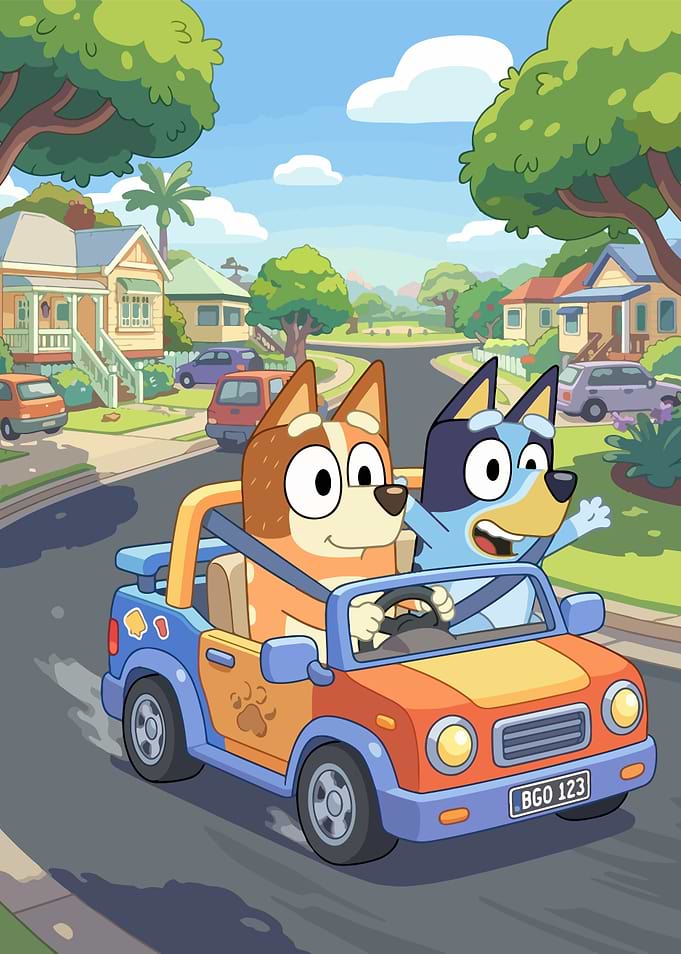 Bluey and Bingo driving a toy car