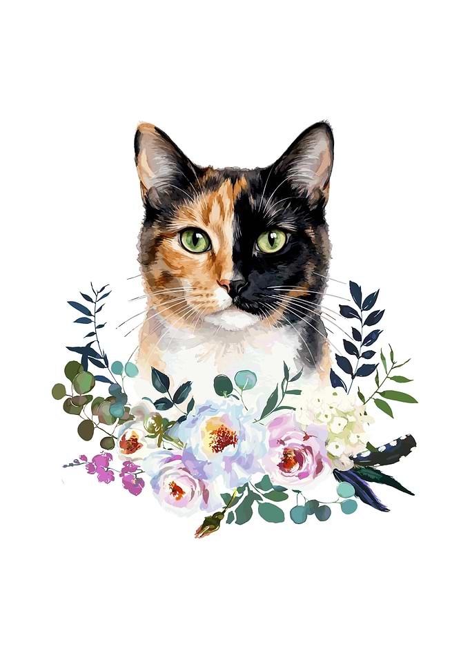 Trikolor Calico Cat with Flowers