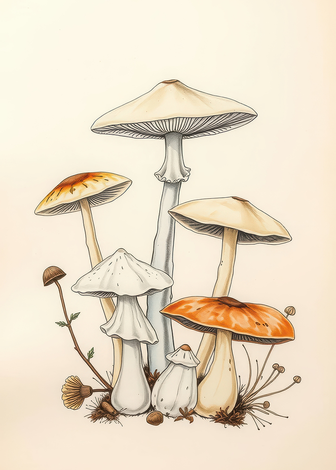 Botanical Illustration of Assorted Mushrooms