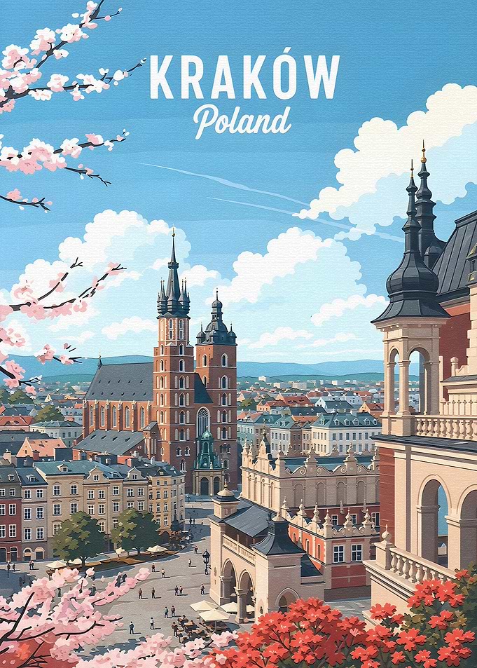 Krakow Poland Vintage Travel Poster