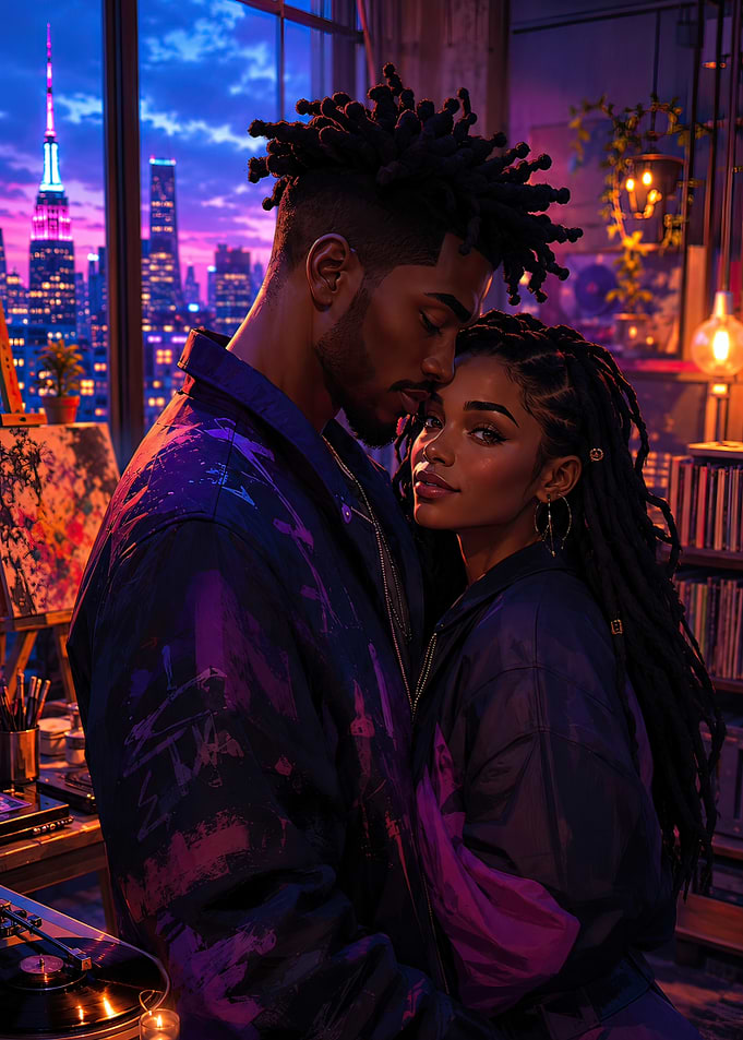 Couple Embracing with Cityscape View