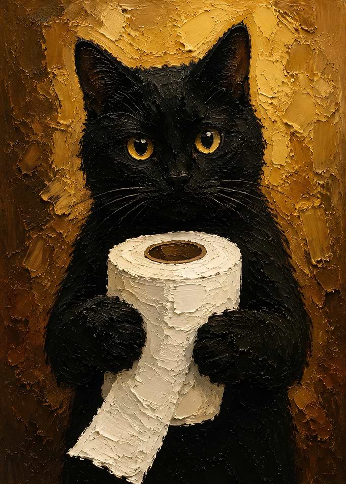 Black Cat Holding Toilet Paper