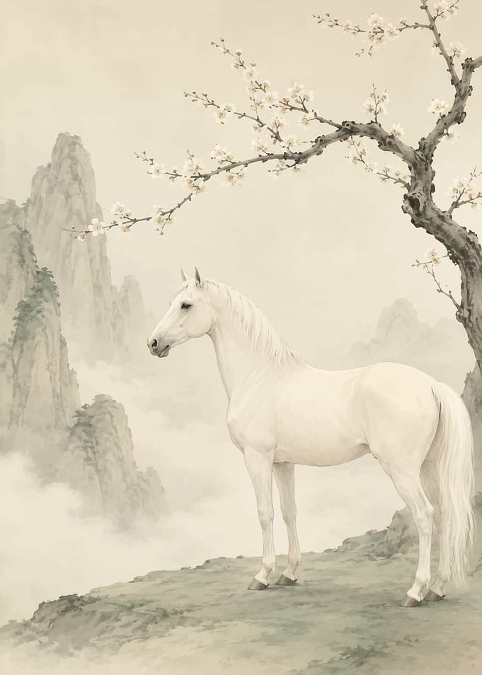White Horse Under Cherry Blossoms