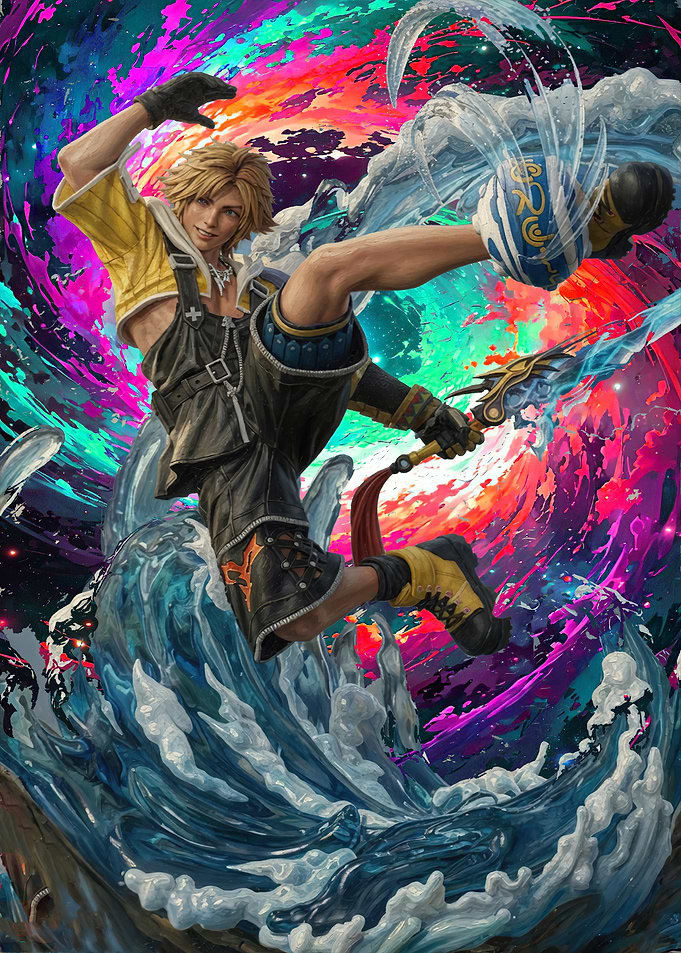 Tidus in Action with Water and Abstract Background