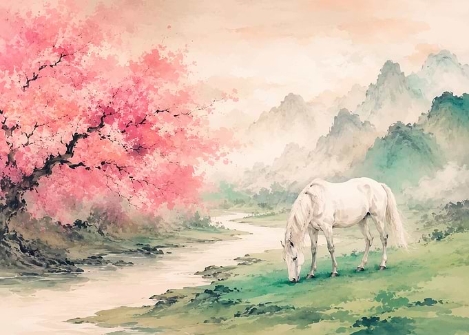 White Horse by Cherry Blossom Tree