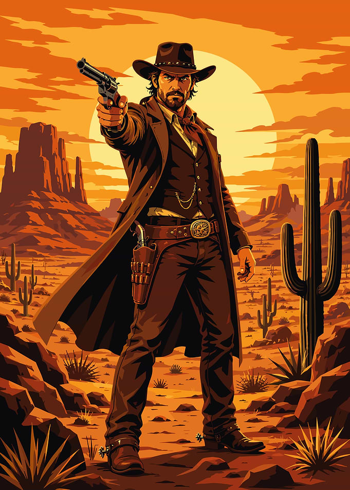 Cowboy aiming a revolver in the desert