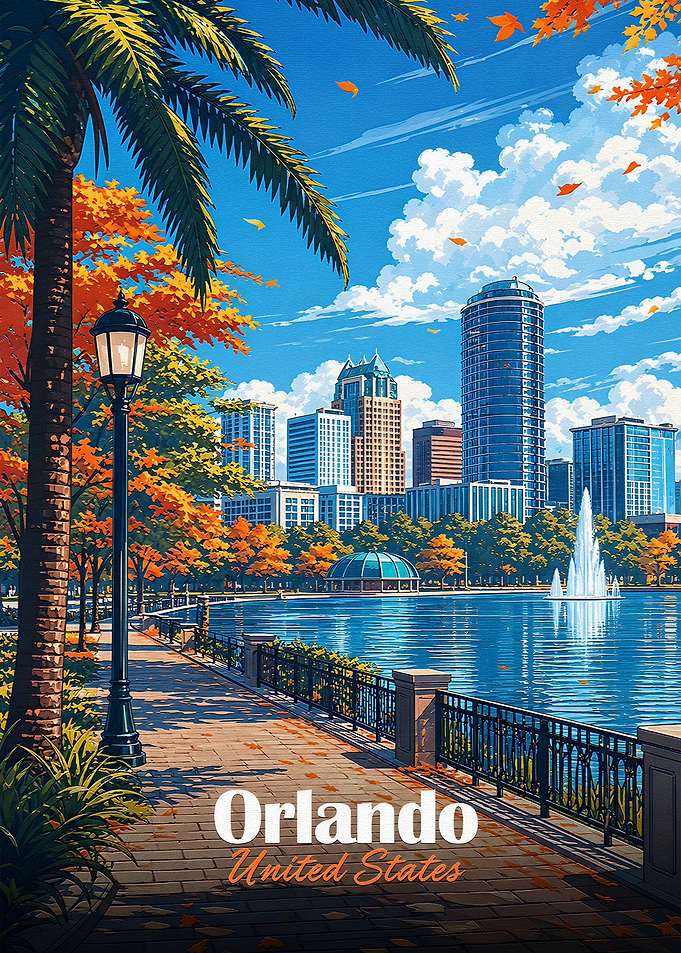 Orlando Skyline with Lake and Palm Tree