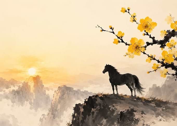 Horse on a cliff with flowers