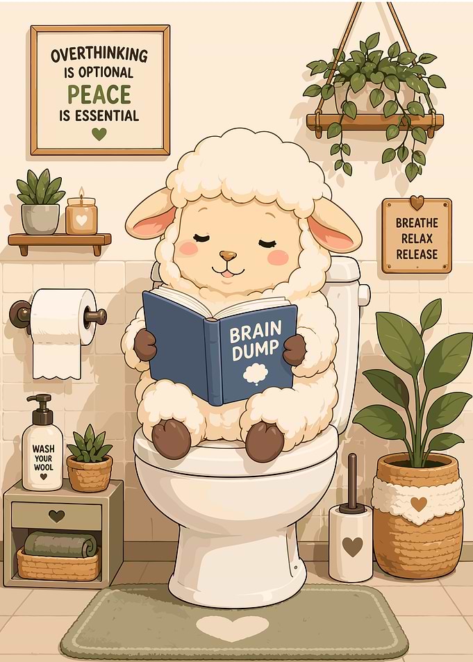 Cute Sheep Reading Book on Toilet