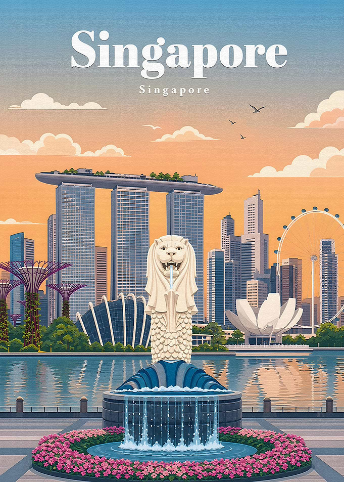 Singapore Skyline with Merlion Fountain