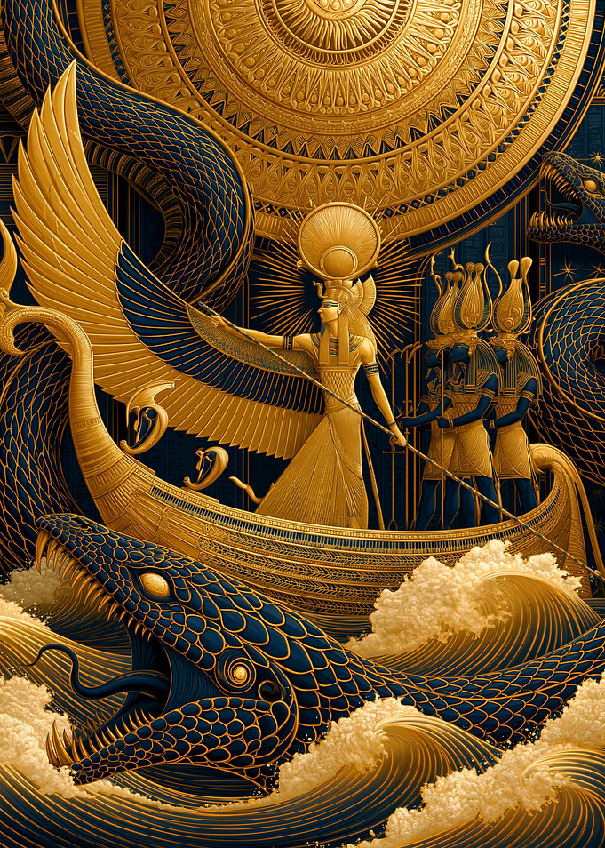 Egyptian Goddess Ra in Golden Boat