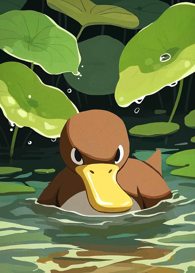 Cute Duck in Water with Lily Pads