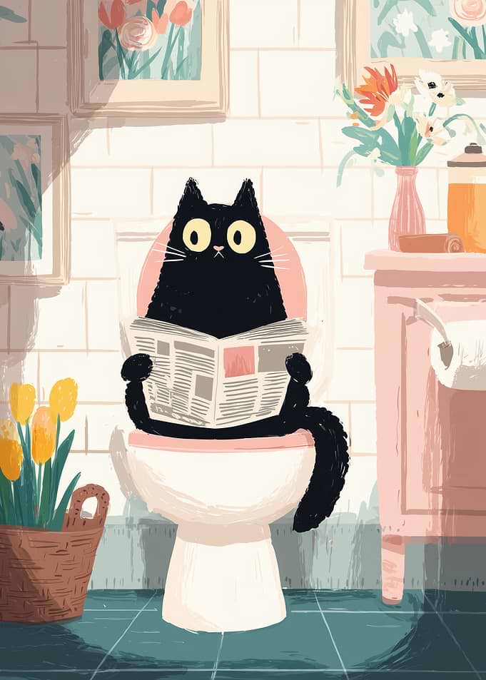 Black Cat Reading Newspaper on Toilet