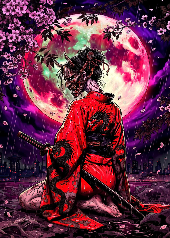 Oni Masked Samurai Woman in Red Kimono