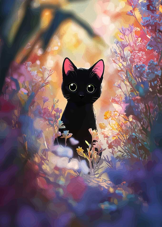 Black Cat in a Floral Garden