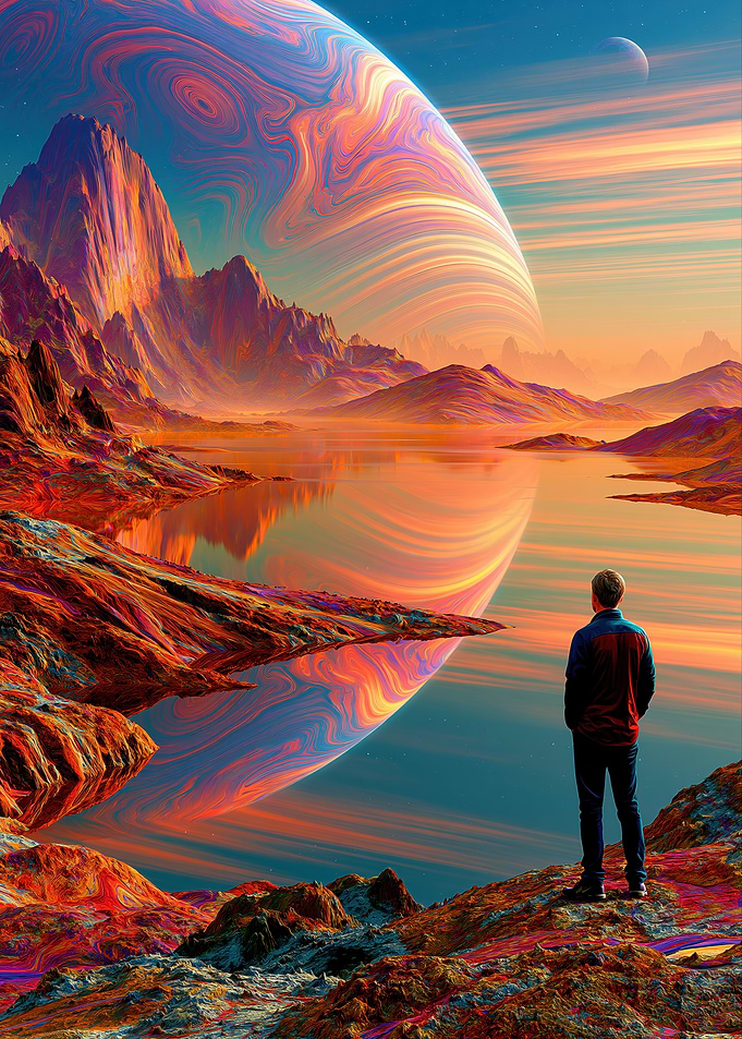 Man Gazing at Alien Planet Landscape