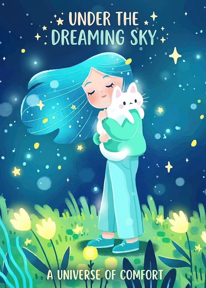 Girl Hugging Cat Under Dreaming Sky