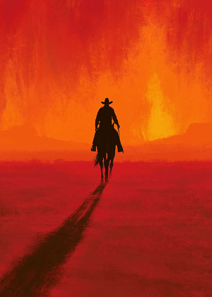 Cowboy Riding Horse in Desert Sunset