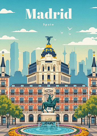 Madrid Cityscape with Fountain and Statue