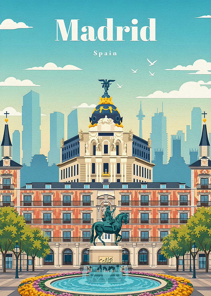 Madrid Cityscape with Fountain and Statue