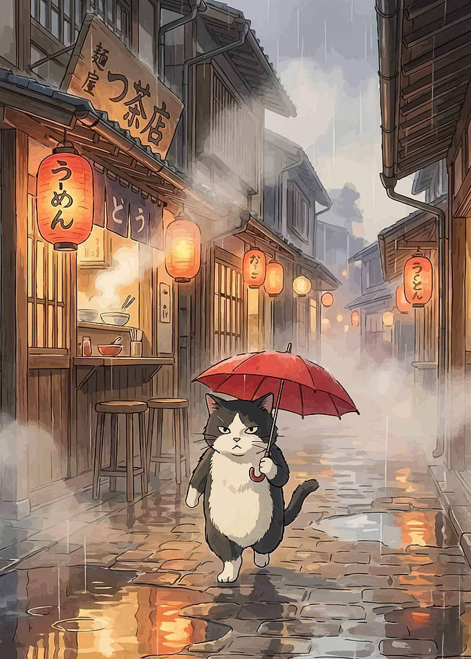 Cat with Umbrella in Rainy Japanese Street