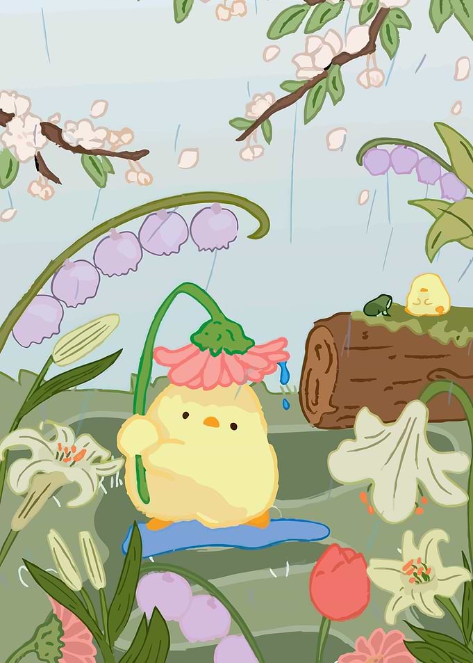 Cute chick sheltering from rain under a flower