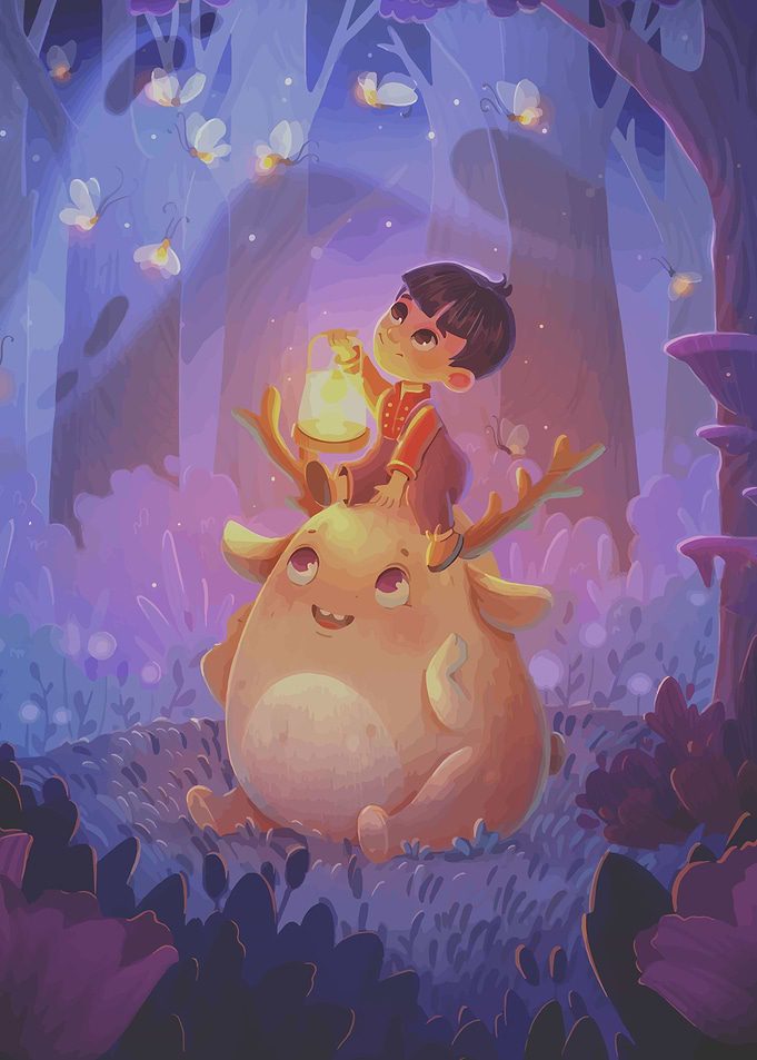Boy and creature in a magical forest