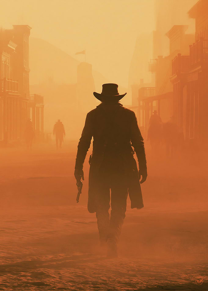 Cowboy walking through a dusty town