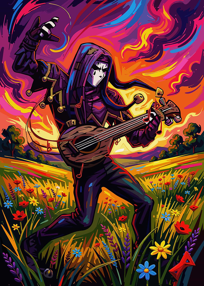 Jester Playing Guitar in a Field