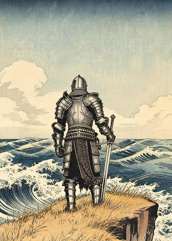 Knight on Cliff Overlooking Ocean