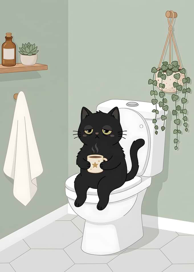 Black Cat with Coffee on Toilet