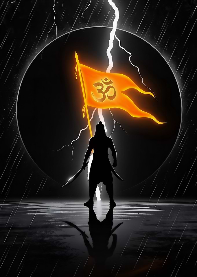 Hindu Warrior — Sacred Om Flag in Lightning Stormtning Storm