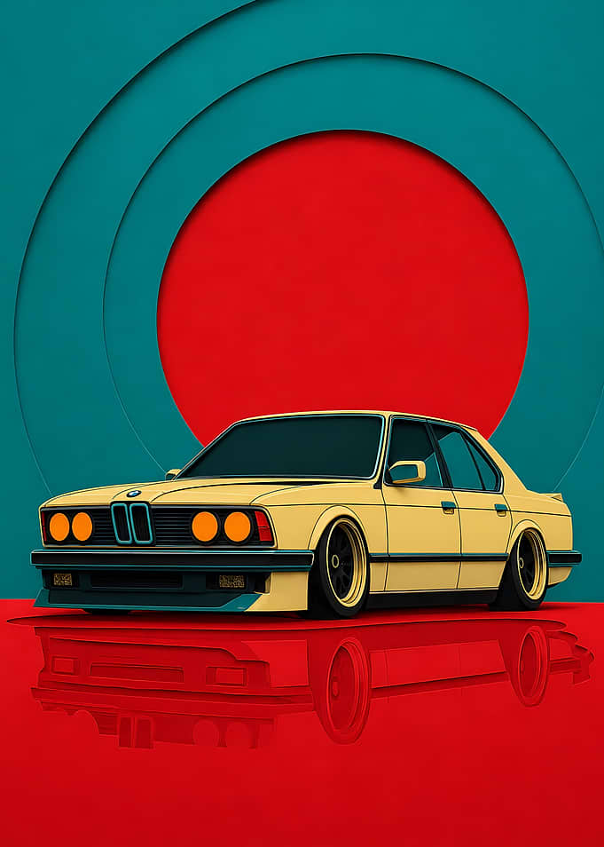Yellow BMW E28 with Red and Teal Background