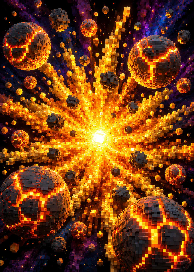 Explosion of Voxelated Planets and Cubes