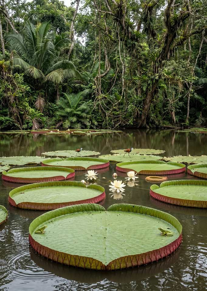 Giant Water Lilies in a Lush Jungle
